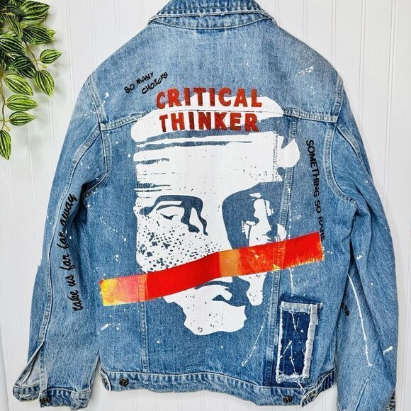 Zara Men’s Sz M Jean Denim Jacket Critical Thinker So Many Choices Just Light - Picture 2 of 16